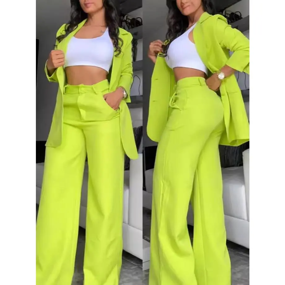 Autumn Fashion Women's Wear Suit Coat & Trousers Two-Piece Set Elegant Outfit Womenswear Comfort Basic Fluorescent Yellow Minimalist Short matching  sets spring  break  outfit denim 2  piece  sets  women two  piece  outfits raving  outfit