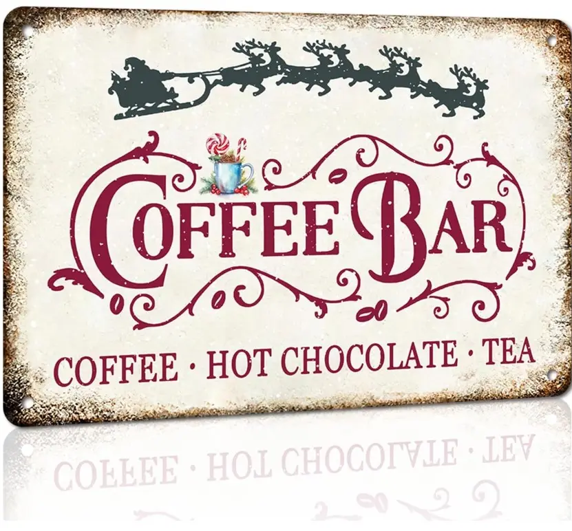 Vintage Christmas Coffee Bar Sign Hot Chocolate and Tea Aluminum Metal Signs for Kitchen Cafe Pub Home Coffee Station Christmas Decor 8 x 12 Inch