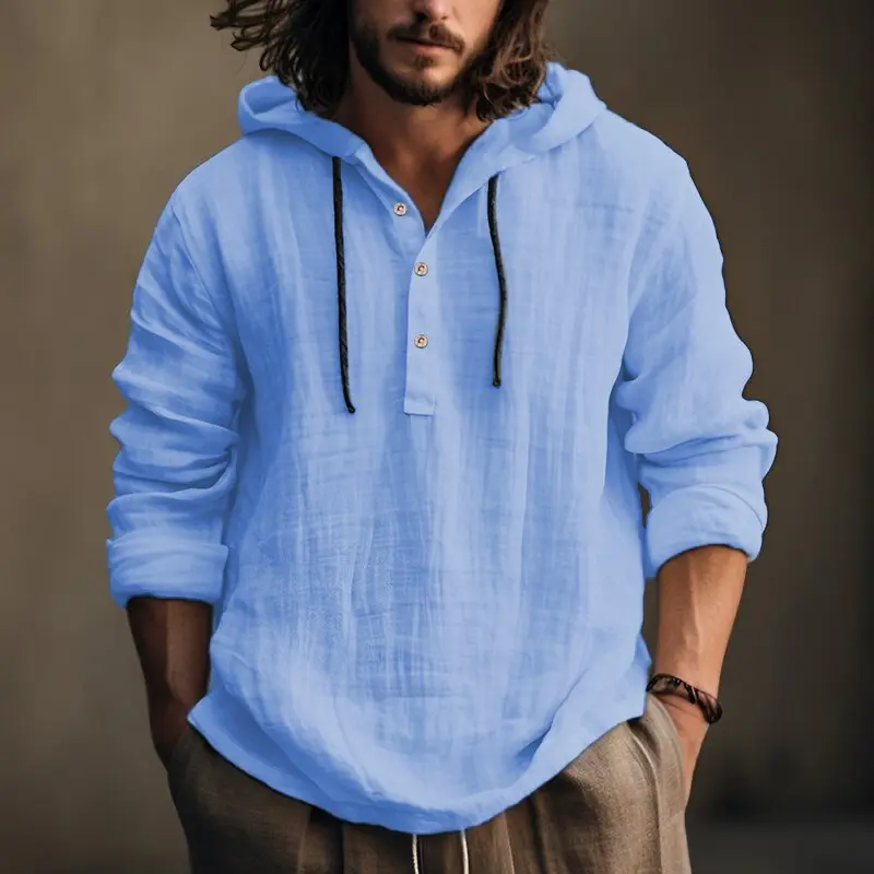 Spring and Summer Men's Cotton and Linen Shirt Hooded Sweater Long Sleeve Hooded Casual Daily Clothing