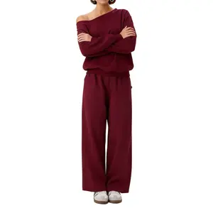 Valentine's Day 2 Piece Lounge Set Women's Leisure Solid Color Loose-Fit Co-ord Set featuring Slanted Shoulder Top & Wide-Leg Pants – Perfect for Casual to Chic Transitions"