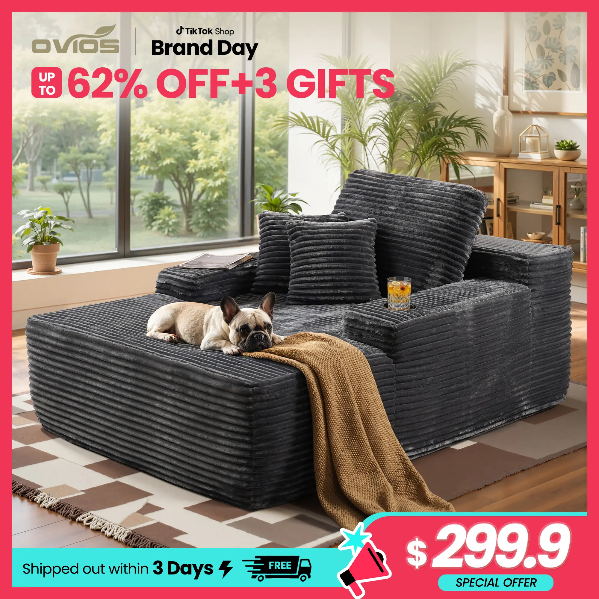 【SohoChic Sale】OVIOS 67" Boneless Chaise Lounge with Cup Holders, Oversized Deep Seat Plush Corduroy Sofa Bed, Convertible Cloud Sleeper Couch & Reading Chair for Living Room, Bedroom, Apartment, No Assembly Required