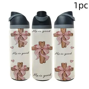 1pc 17oz/20oz/22oz/26oz/30oz Christian Faith Insulated Mug, Stainless Steel, with He Is Good Cross and Pink Bow Print, Double Wall Vacuum Thermal Mug for Hot and Cold Drinks, Large Capacity Car Travel Mug, Ideal Gift for Church Friends, Drinkware