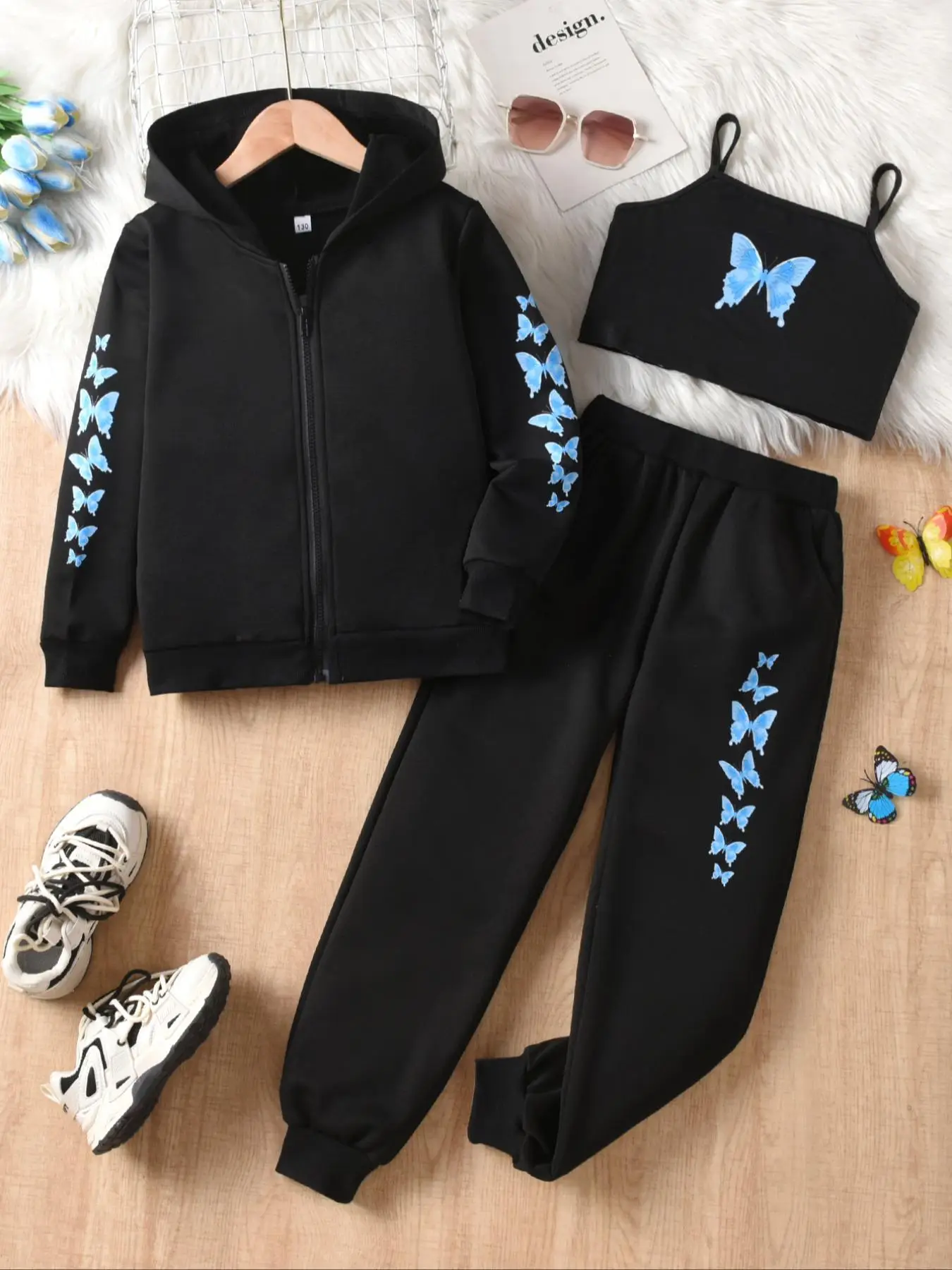 Girls' Casual 3-Piece Set, Zipper Cardigan Jacket, Spaghetti Strap Top, Butterfly Print Pants, Soft Fabric, Perfect for Fall & Winter, Casual Fashion