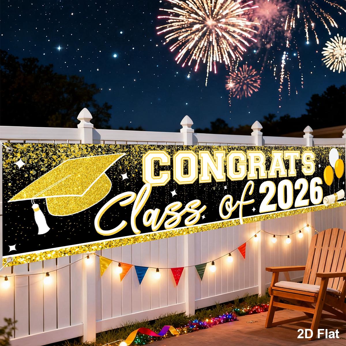 1pc Large Graduation Banner, 200*40cm Class Of 2026 Congrats Grad Yard Sign. Blue White/Black Gold/Black White Gold. 2D flat hanging welcome sign for graduation party, fence, garage, garden, porch, backdrop, home wall & room decor.