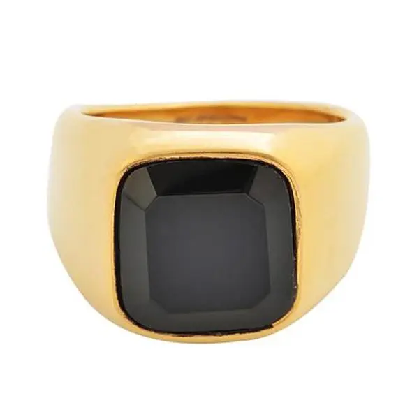 GOLD TIME INTERNATIONAL, INC Men's Stainless Steel Black Glass Signet Ring