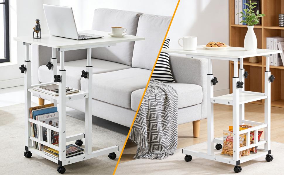 Mobile Rolling Side Table with Wheels, Adjustable Height Rolling Desk, C-Shaped Portable Desk on Wheels, End Table for Couch, 3-Tier Desk with Storage Shelves