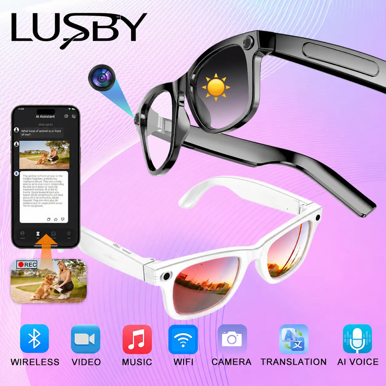 LUSBY Smart AI Camera Glasses with 8MP Photochromic Lenses ,Button Touch Adjustment for Travel Outdoor Adventures Hands-Free Photography 160+Languages Real-Time Translation Bluetooth Wireless Wearable Video Recording UV Protection ,Easter gift