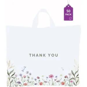 Thank You Bags for Business and Stores 50 Pack 15" W x 12" H Floral Plastic Shopping Bags With Soft Loop Handle