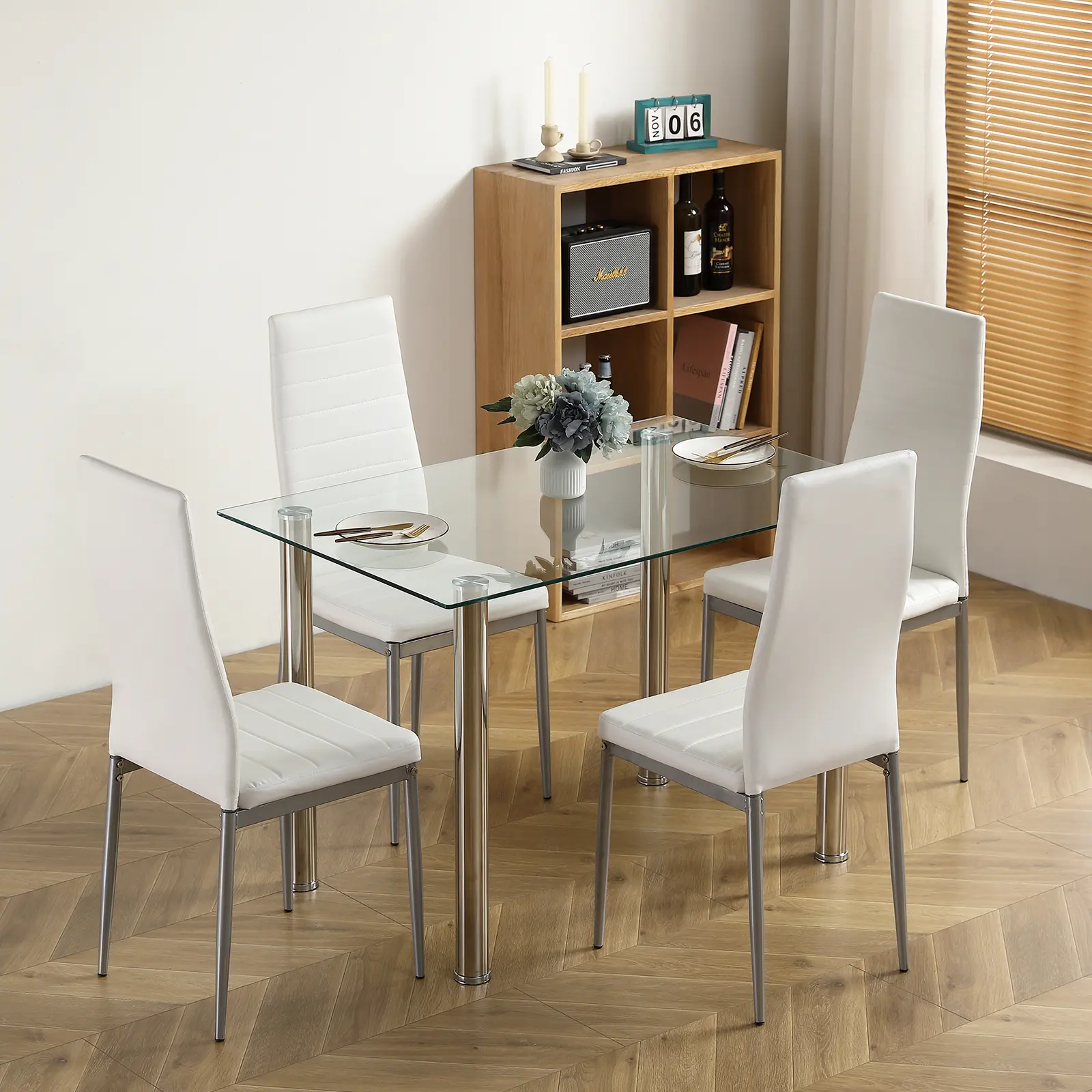 Modern 110cm Glass Dining Table Set with 4 Comfortable PU Leather Chairs, Stainless Steel Frame for Kitchen Dining Area