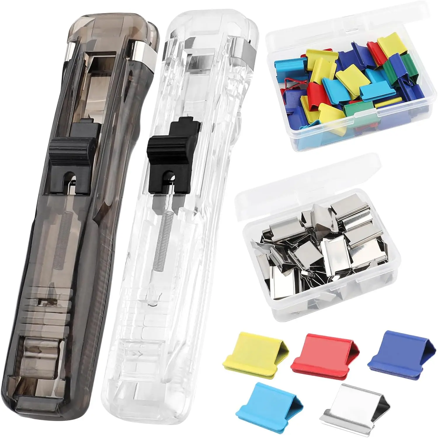 Lacari 2 Pcs Plastic Reusable Handheld Hole-Free Paper Clam Clip Dispensers - 100 Rustproof Stainless Steel Clips (50 Silver,50 Color) Binder Accessory, 1-Handed Operation Tool for Organizing Documents, School Office Supplies
