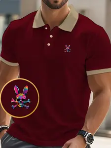 High-Quality Men's Polo Shirt with Rabbit Ear Skull Print, Casual Fitted Summer T-Shirt, Perfect for Outdoor Activities and Gifts