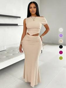 women's solid two-piece set, 2 counts chic asymmetrical neck hanky hem crop tee & ruched drawstring mermaid skirt set, elegant summer outfits, ladies clothes for summer, womenswear, casual  cozy fabric