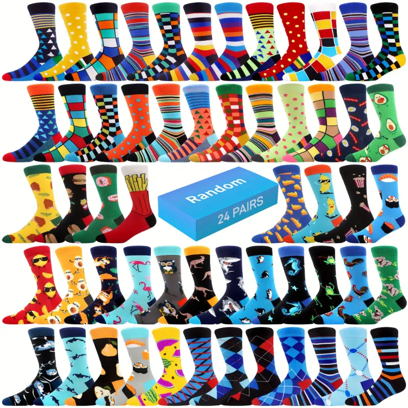 24 Pairs Random Style Socks Novelty Design Crew Socks For Men Gift For Friends (US Size 7.5-12)