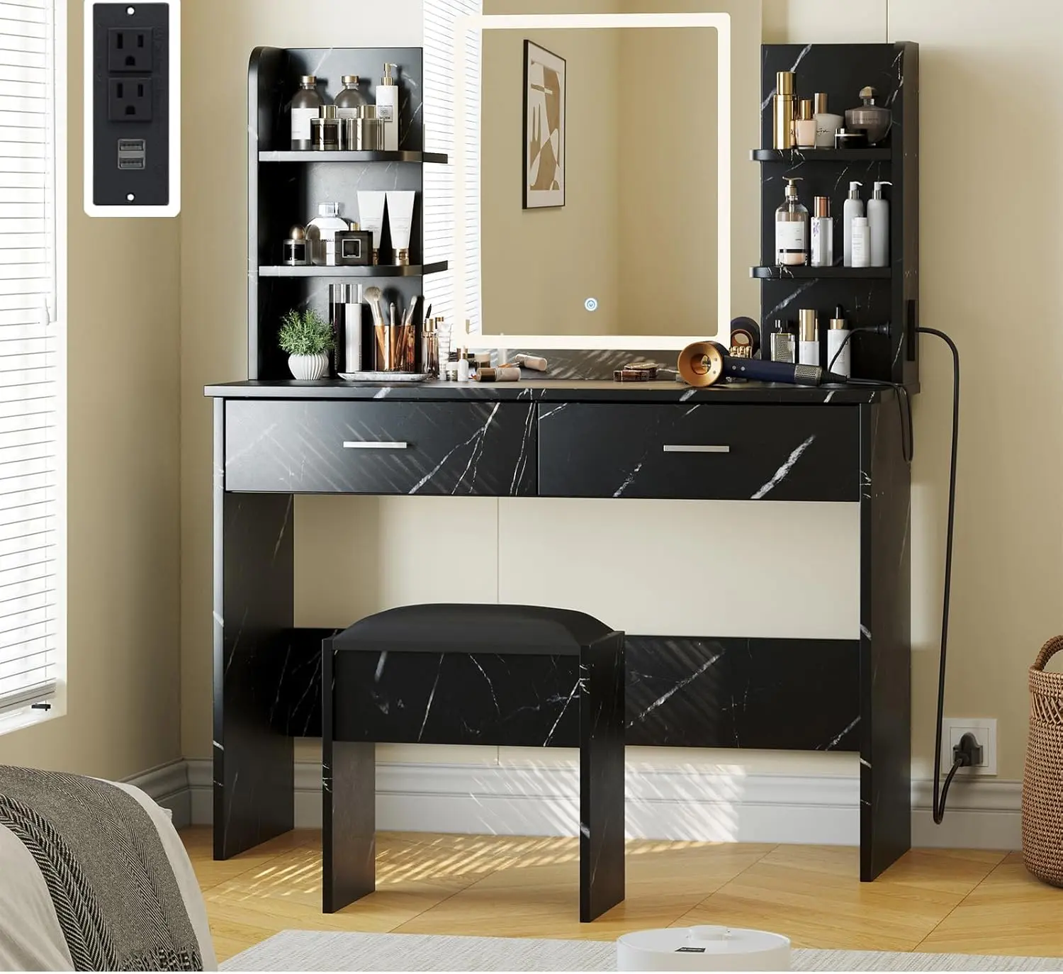 Vanity Desk with Lighted Mirror - Makeup Vanity Set with Power Outlet/Cushioned Stool - Vanity Table with 6 Storage Shelves - 2 Large Drawers and 3 Color Light Adjustable Brightness - Marble Black