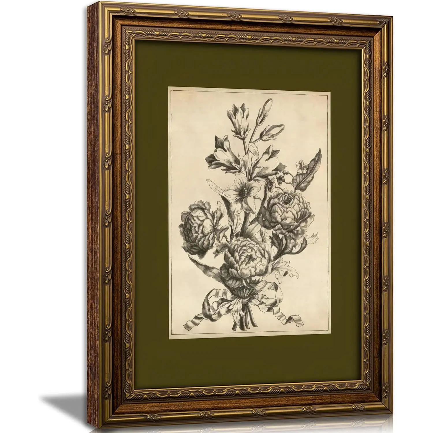 Vintage Gold Framed Floral Wall Art, Antique Flower Bouquet Sketch Print, Classic Botanical Decor for Home, Living Room, Bedroom, Office, Ready to Hang