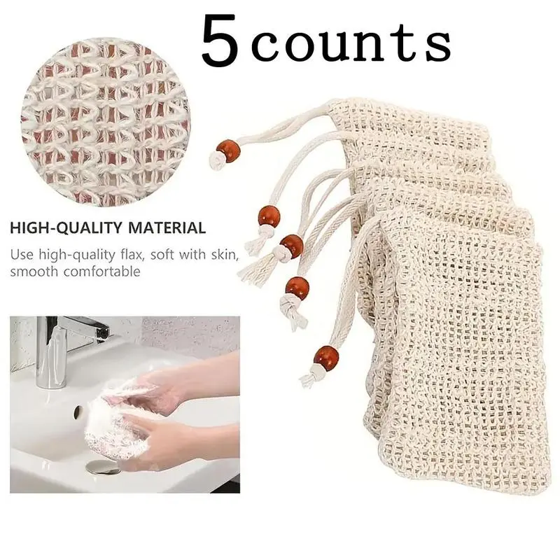 Exfoliating Soap Bar Saver Pouch, 5pcs/set Beige Facial Cleaning Soap Foaming Net Bag with Drawstring, Shower Cleaning Sponge Bag, Loofah Scrub, Bathroom Accessories, Hygiene Products, Exfoliating Net Sponges, Exfoliating Mesh, Exfoliating Bath Tool