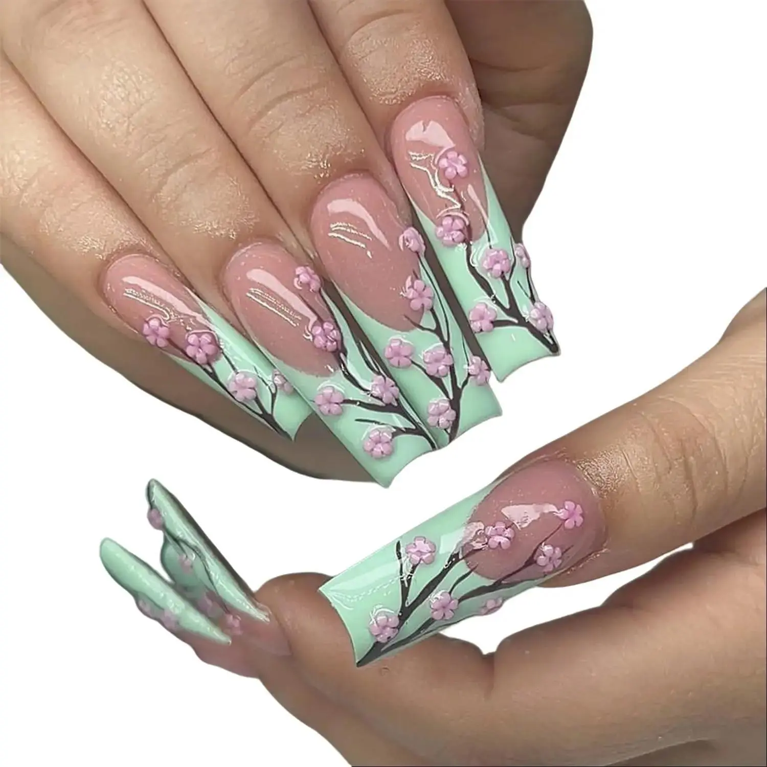Press on Glossy Nails with Floral Design - Pink and Mint Green Manicure for Stylish Look - 24 Pieces Long False Nails with Mini Nail File & Adhesive Tabs