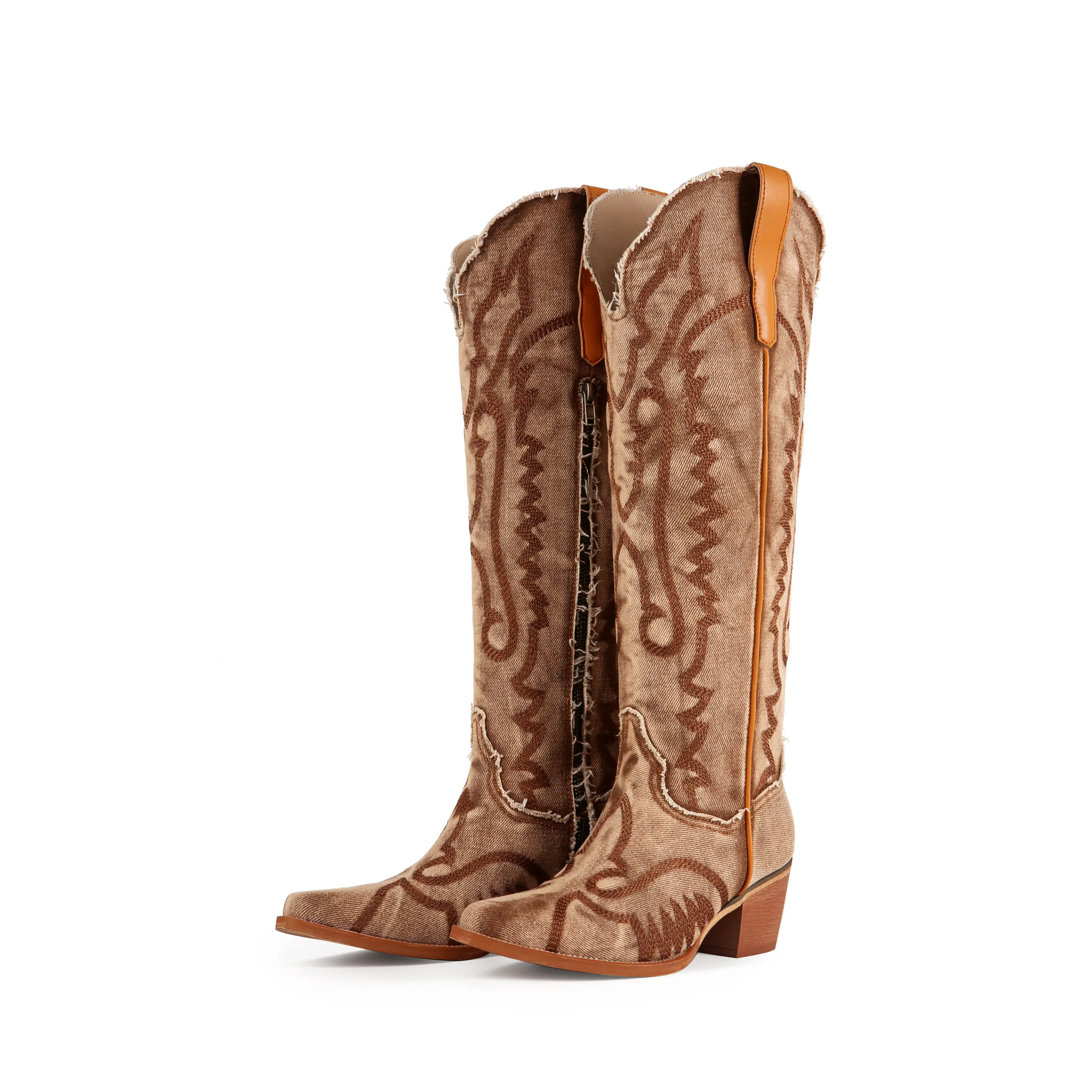Women's Cowgirl Boots Embroidered Pointed Toe Denim Knee High Chunky Heel Western Boots for Country Concert Festival and roots slouchy embroider detail perfect party