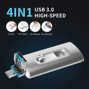 UsB 3.0 Flash Drive 64GB/128GB/256GB/512GB/1TB, Multi-Purpose Storage Memory Stick Pen Drive Thumb Drive, 4 in 1 USB Stick for iPhone & iPad & iOS & Android & Type C & Computer, Perfect Valentine's Day, Birthday & Christmas Gifts!