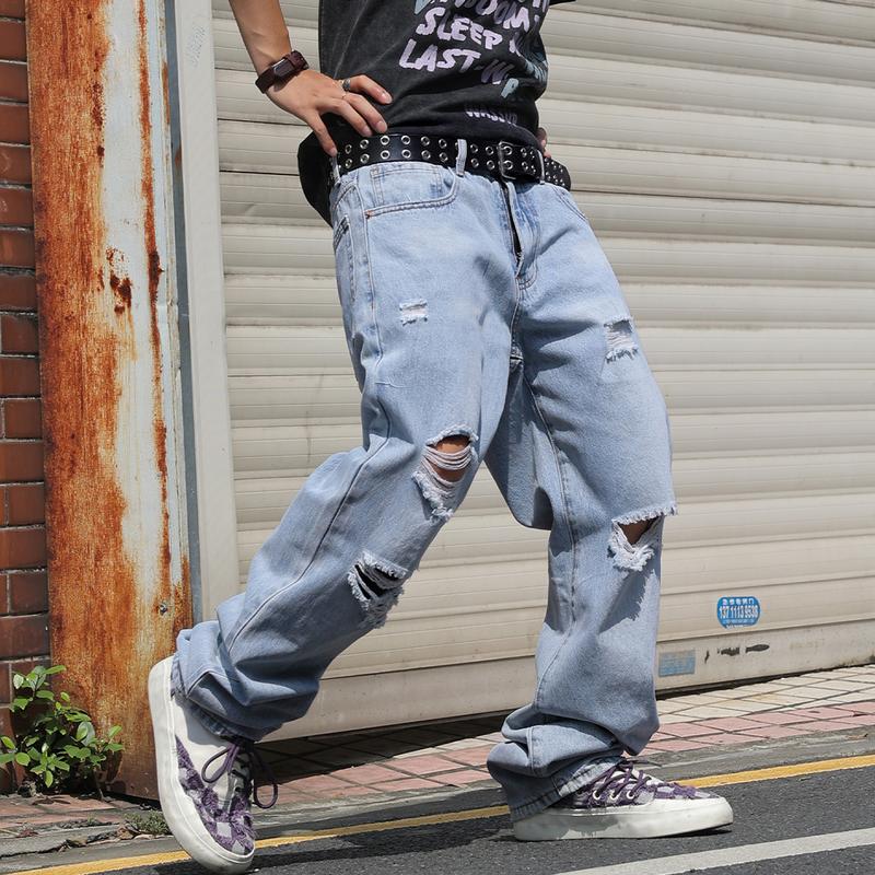 MZNBURAM Men's Ripped Non-Stretch Relaxed Fit Straight-Leg Denim Pants Jeans-Menswear Streetwear Trouser