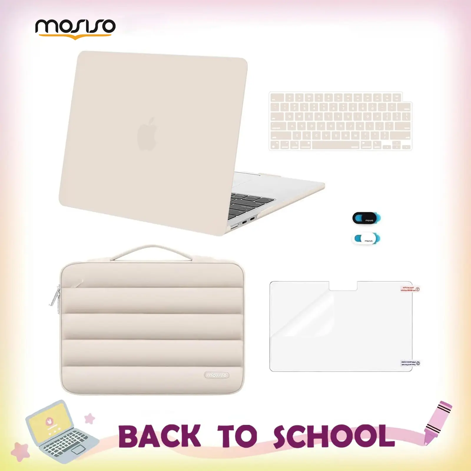 MOSISO Solid Flexible Hard Laptop Case Bundle for 13.6in MacBook Air (2026 M5,2025 M4,2024-2022 M3/M2;A3449,A3240,A3113,A2681) - Anti-Slip Commuting Puffy Bag, Keyboard Cover, Webcam Cover, Screen Protector with Bottom Ventilation for Daily Protection, Pl