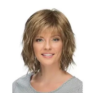 1PC Elegant women's short layered hairstyle Bob brown blonde straight synthetic wig, dark brown natural fluffy hair patches, 130% density high-temperature fiber, rose mesh cap, suitable for all ages, daily wear, parties