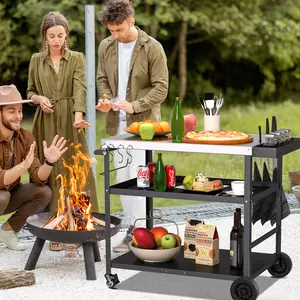 Spurgehom BBQ Cart with Mesh Racks for Outdoor Cooking, Pizza Oven Stand Table with Wheels, Movable Grill Cart for Home Party, Bar, Camping, Patio Dining Cart