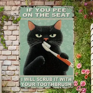Vintage Black Cat Bathroom Metal Sign - Humorous "If You Pee on the Seat" Wall Decor, Ideal for Restrooms, Bars, and Homes, Retro Style, Bathroom Decor