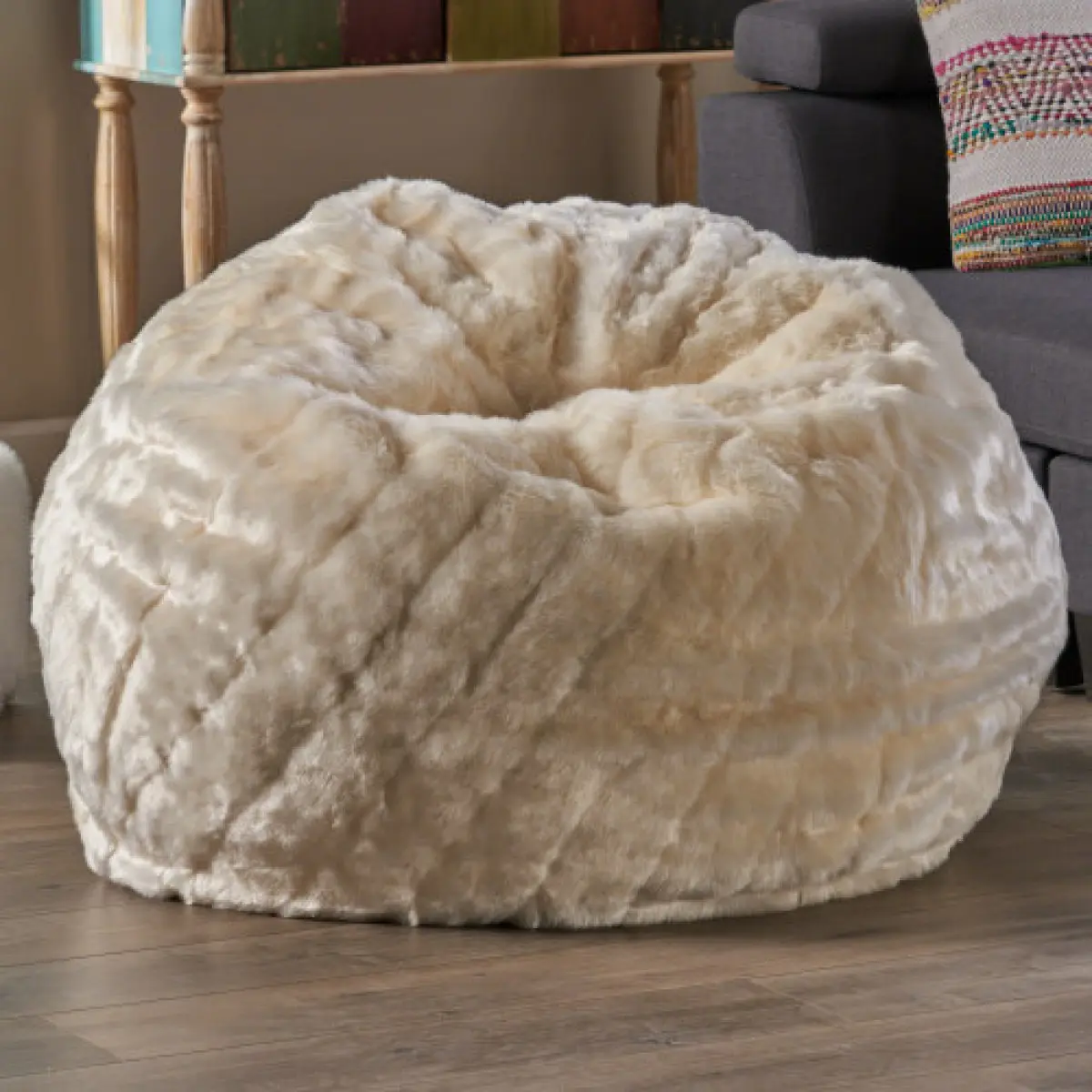 White Faux Fur Round Indoor Bean Bag Chair - 34x34x25 in Casual Polyurethane Foam Filled Round Lounger for Adults, 300lbs High-Load Soft Lazy Sofa with Removable Washable Cover, Safety Zipper, Touch Feature, Compatible Covers & Refills, Teenagers