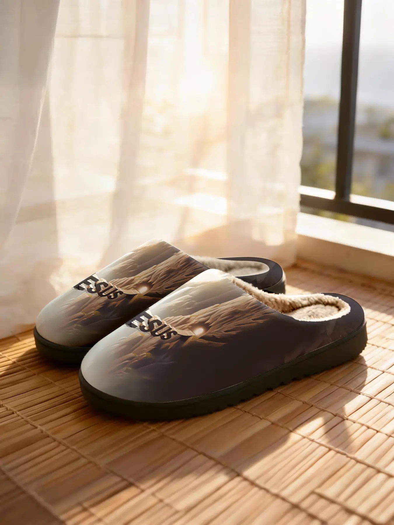 ✨JESUS Atmosphere Pattern Fuzzy Slippers 1 Pair Faith Atmosphere Style, Plush Warm + Non-slip Thick Sole + Comfortable Fuzzy Lining, Perfect for Faith Theme Enthusiasts & Atmosphere Style Lovers in Winter Home Wear🔥