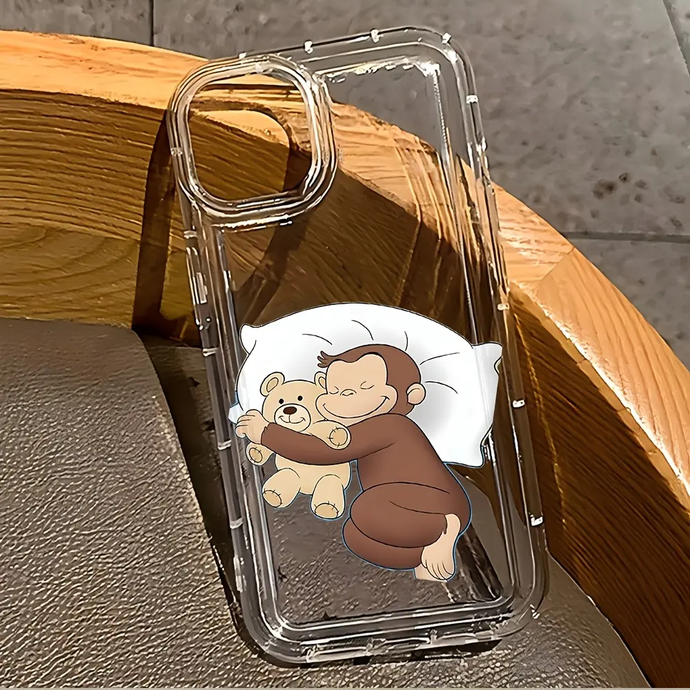 Lovely Cartoon Curious George phone case with shock-absorbing airbag and soft TPU back cover, compatible with iPhone 17/16/15/14/13/12/11/X/XS/XSMAX, perfect as a holiday gift for friends, family, or yourself., Accessories, Transparent, Smartphone,summerw