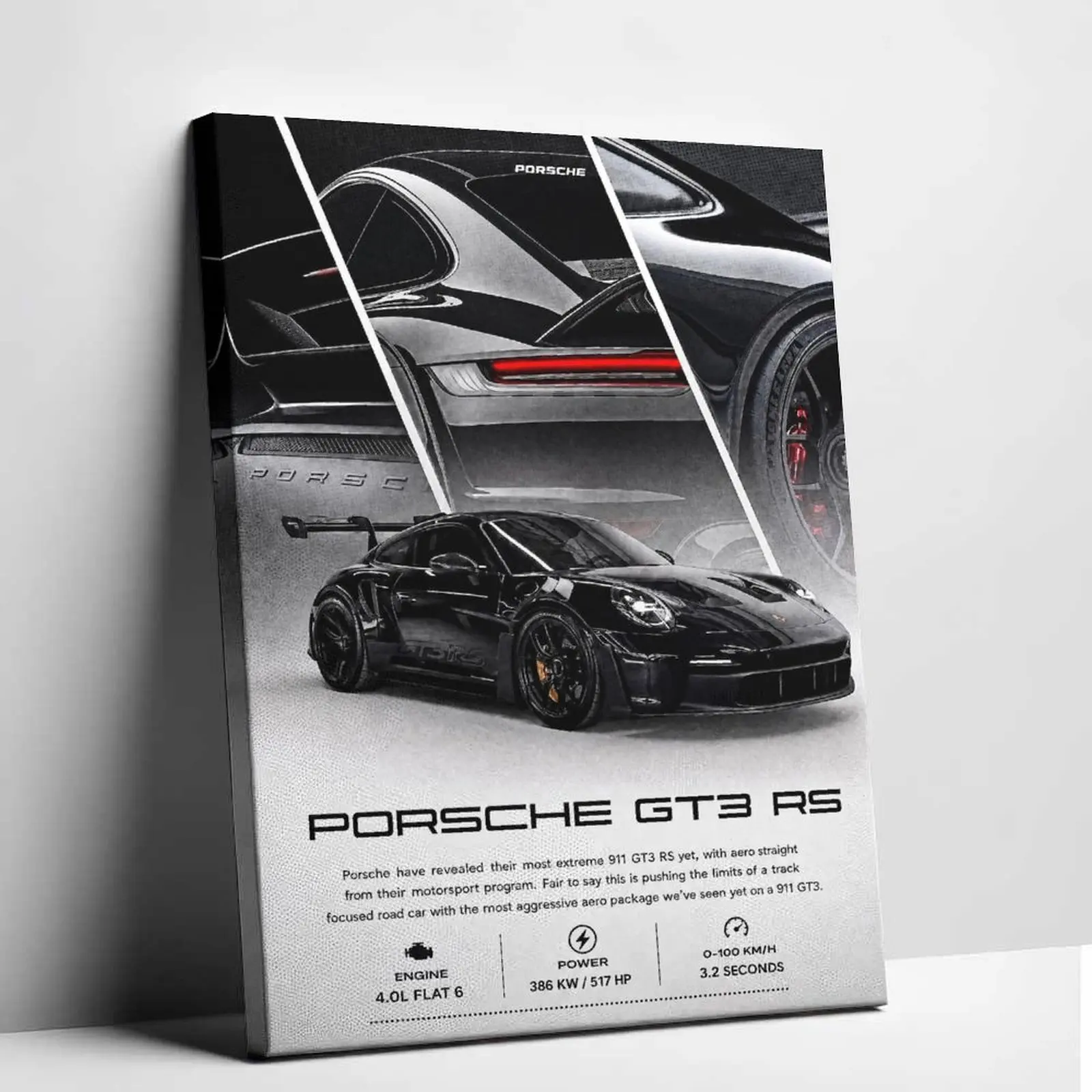Car Poster GT3RS Inspired Canvas Painting Black Supercar Performance Poster Luxury German Automotive Engineering Tech Graphics Print Living Room Garage Man Cave Decor Picture
