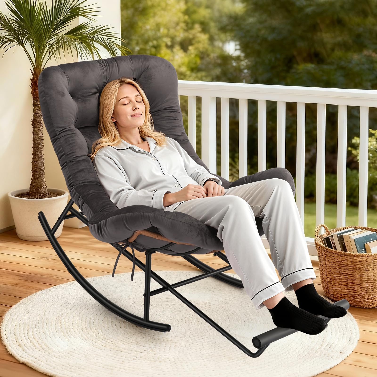 2pcs Oversized Papasan Rocking Chair with Foot Rest, Thick Removable Cushion, Metal Frame, PE Rattan Lounge Chair for Patio, Porch, Living Room