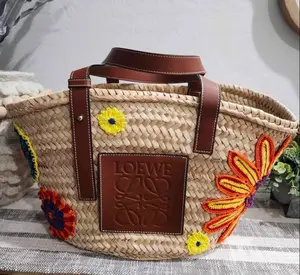 Pre-owned Loewe Raffia Tote Bags Floral Embroidered Medium Basket