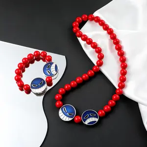 Anime Inspired Red Beads Face Bracelet Necklace, Portgas D Ace Cosplay Accessory, Fashion Costume Jewelry, Party Gift