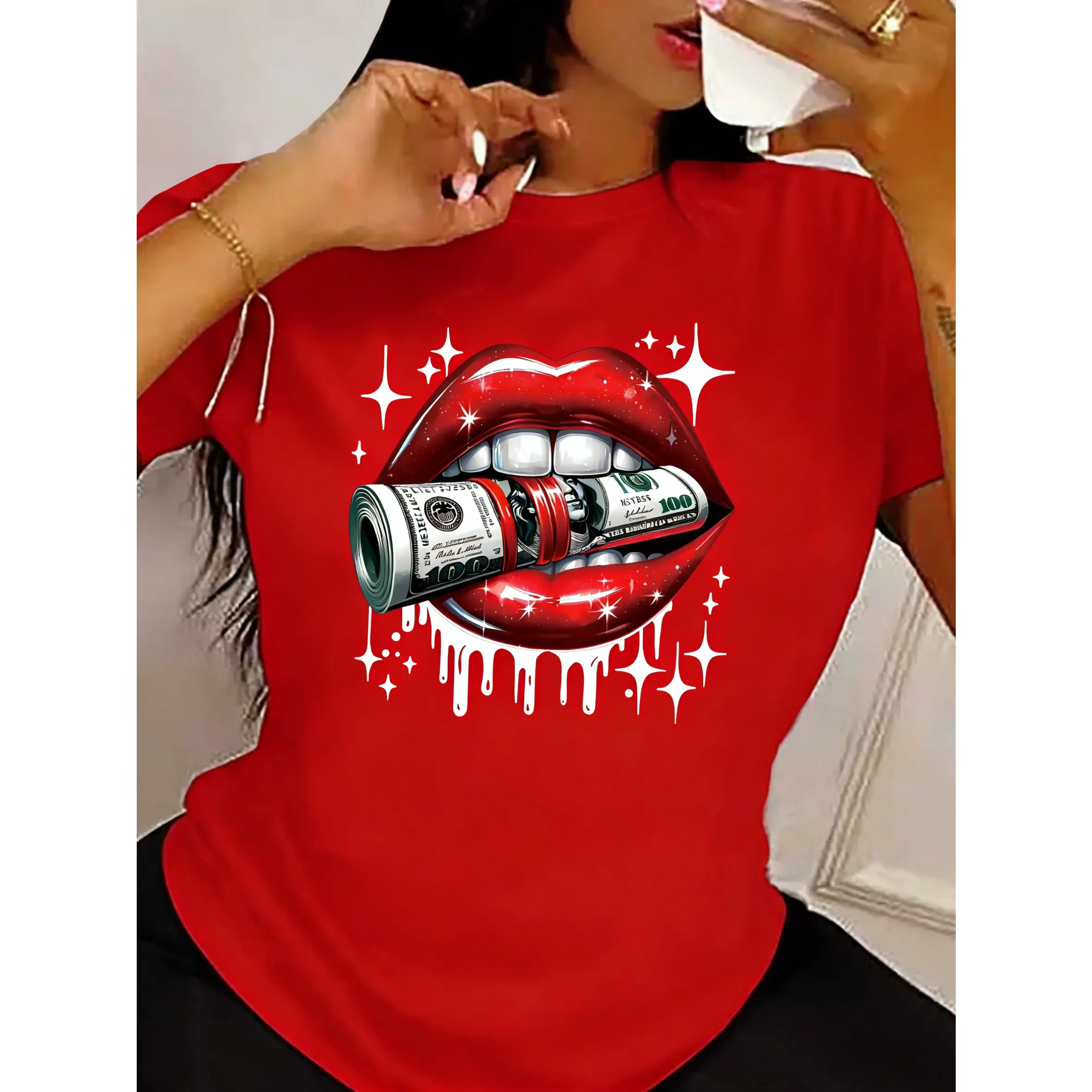 Women's 100% Cotton Oversized Graphic T-Shirt - Red Lips Dollar Printed Smooth Fabric, Casual Short Sleeve Round Neck Top, All-Season Fashionable Comfortable Wear, Holiday Gift