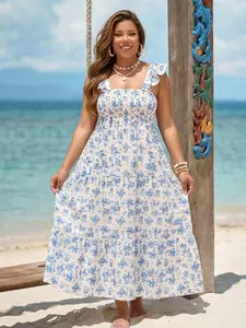 Plus Size Floral Print Ruffle Strap Tiered Maxi Dress, Square Neck Smocked Waist Sleeveless Casual Sundress for Summer Vacation