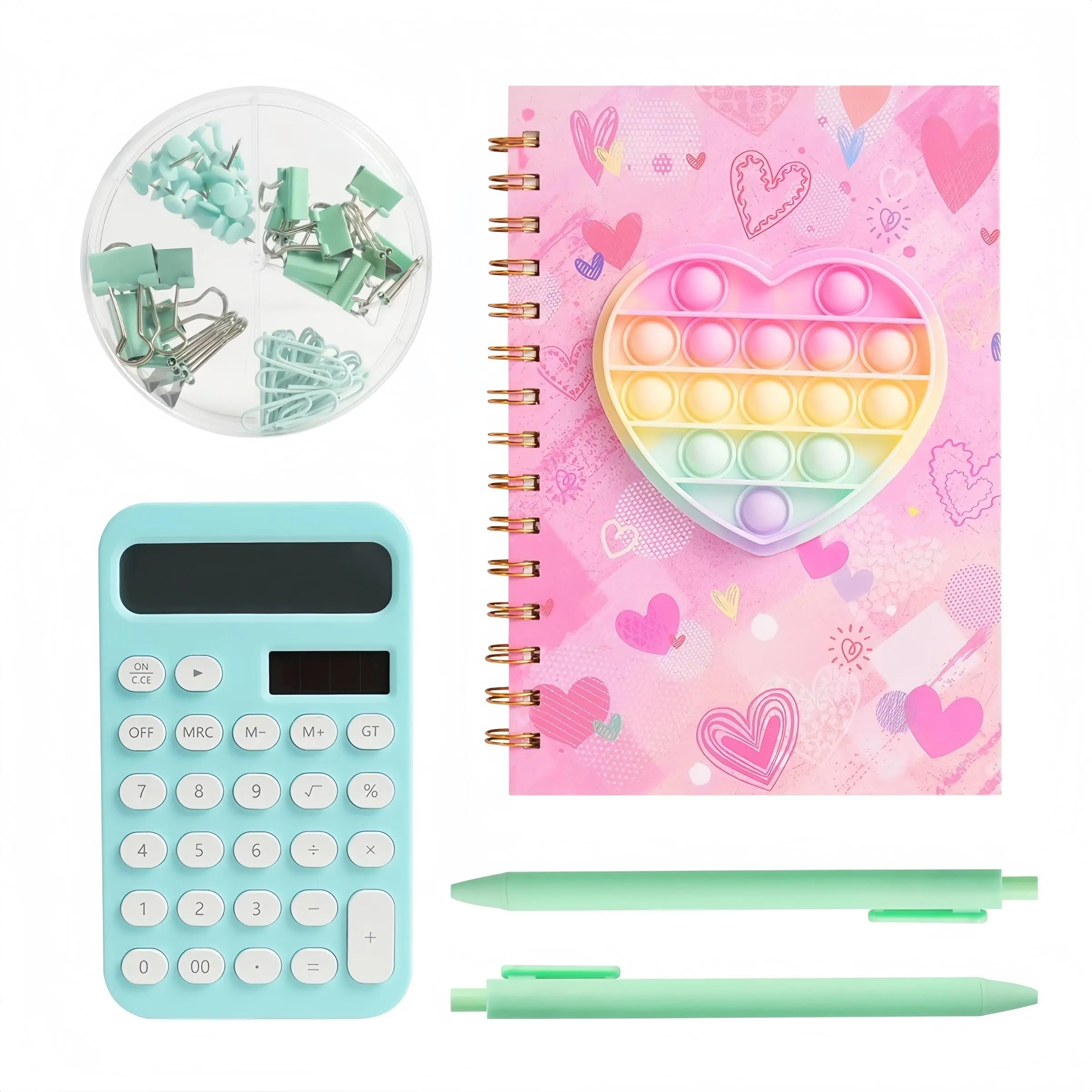 Stationery Set with Rainbow Notebook, Light Paper Clips, Binder Clips and Calculator, Essential Tools for Daily Organization and Effective Learning