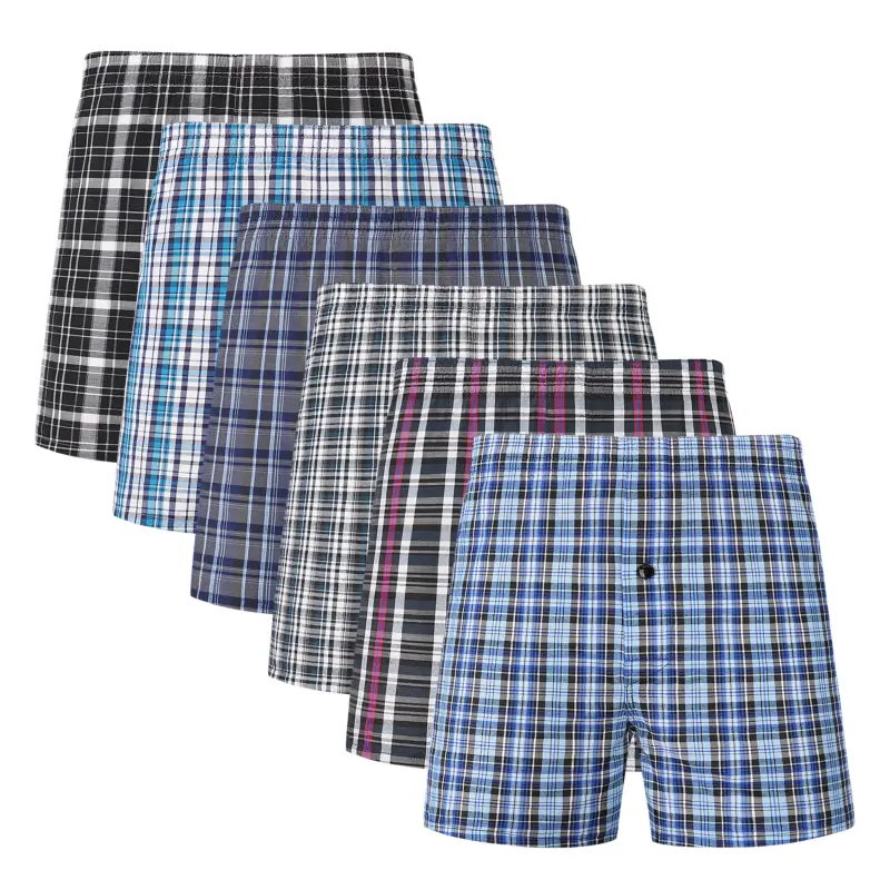 JupiterSecret 6-Pack Men's Plaid Woven Boxer Shorts Underwear, Soft Breathable Cotton Blend, Button Fly, Classic Elastic Waistband, Assorted Colors