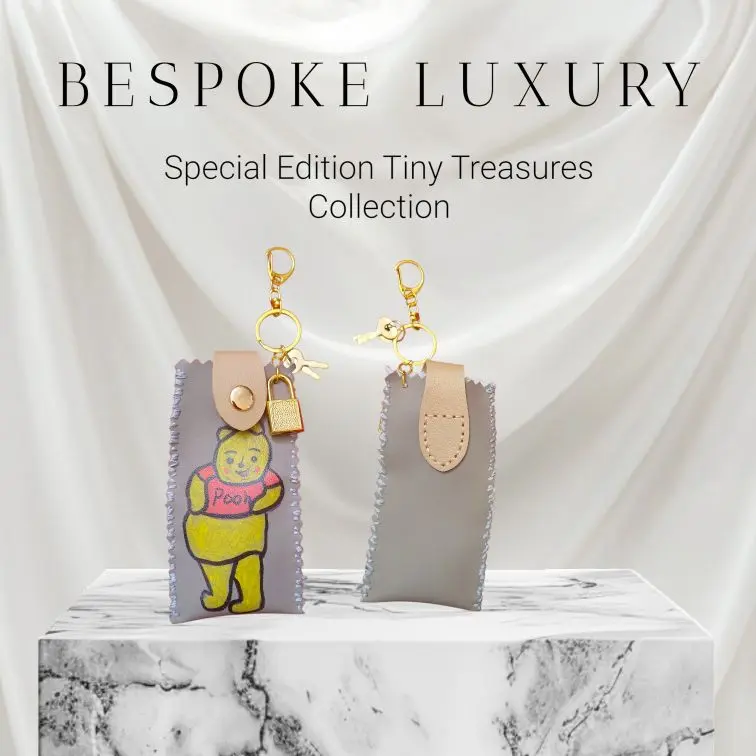 Bespoke Luxury Special Edition Tiny Treasures Collection Gray Keychain Wallet Hand Sewn Hand Painted Pooh Bear