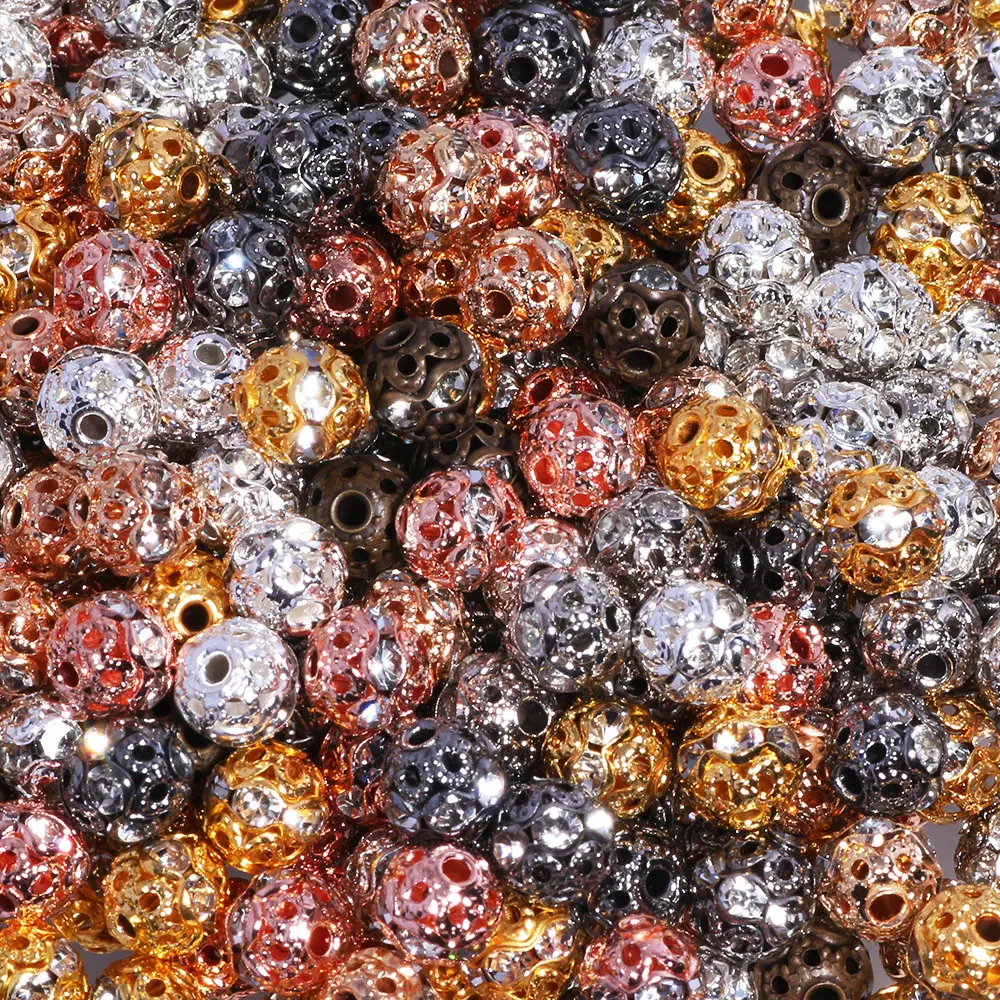 200pcs New Vintage Gold-Tone Hollow-Out Floral Rhinestone Round Beads-Straight-Hole Charms for DIY Phone Chains, Keychains, and Bag Accessories