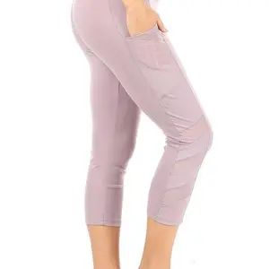 Lavander Mesh Pocket Capri Leggings Yoga Pants Tummy Control