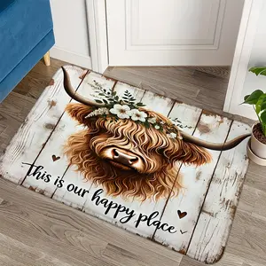 Floral Highland Cow Doormat - Vintage Wood Grain Pattern with Floral Wreath, Spring/Summer Outdoor Theme, Fade-Resistant Home Decor, Machine Washable Polyester Mat - Soft and Comfortable for Bedroom, Living Room, Garden Entrance