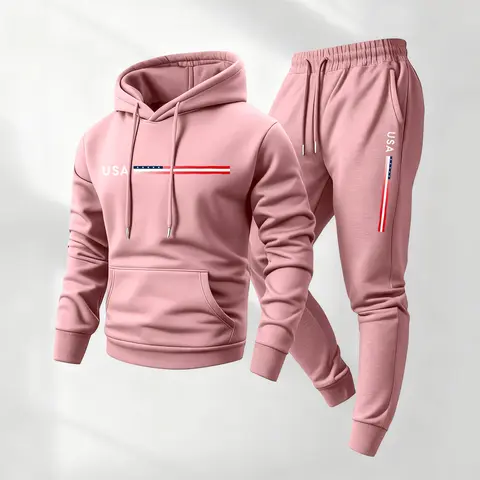 Men's USA Printed Hoodie and Drawstring Sweatpants Set, Menswear, Casual Athletic Long Sleeve Hooded Jacket & Trousers for Fall & Winter, Men's Clothing for Daily Wear, Sportswear Indoor Outdoor, Tracksuit, Athleisure Summer Clothes