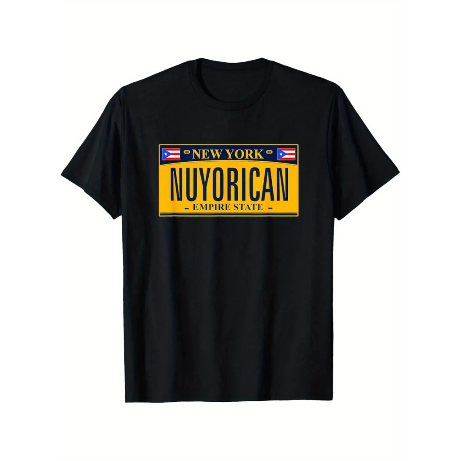 Vintage Nuyorican License Plate Graphic T-Shirt Featuring Puerto Rican Flag Design In Black With Bold Yellow And Red Accents Unisex Cotton Comfort Fit Available In Sizes S To XXXL