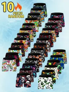 Men's 10-Pack Random Pattern Graffiti Stretch Boxer Shorts, Comfortable and Breathable Everyday Underwear, Soft Elastic Fabric for All Seasons