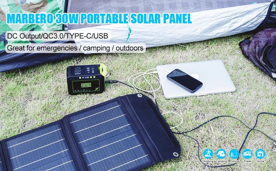 MARBERO 30W Portable Solar Panel 23% High Efficiency Foldable Solar Panel Charger QC3.0 USB & DC Port Compatible with Cell Phone Ipad Laptop IP65 Waterproof for Camping Outdoor Cloudy