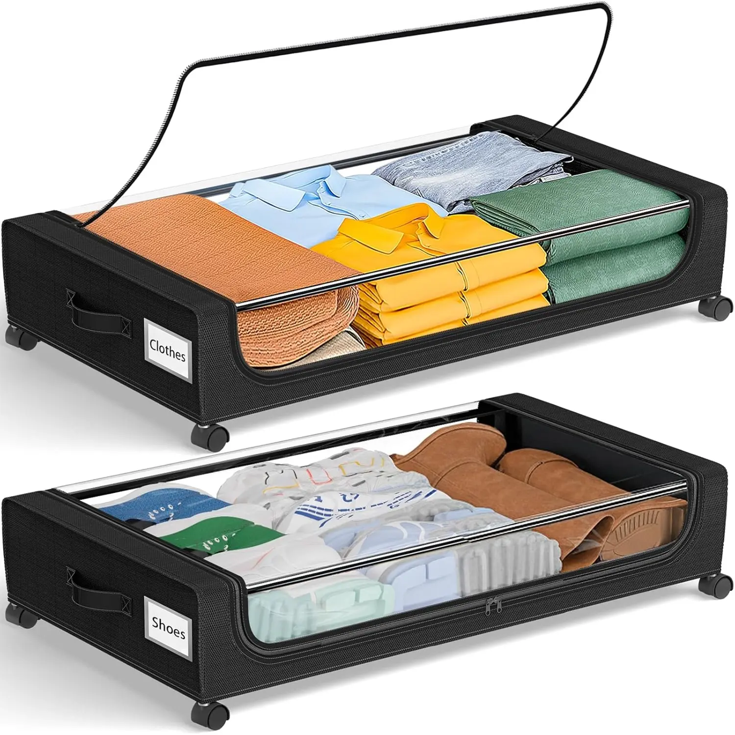 2-Pack Under Bed Storage with Wheels: 48L Underbed Storage Containers with Clear Lids - Rolling Drawers & Bins for Shoes Clothes in Dorm Bedroom - Space-Saving Easy Pull-out