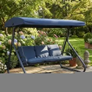 3-Seat Outdoor Patio Swing with Adjustable Canopy, Convertible Swing Bed with Stand, Glider Swing with Cup Holders, Thick Cushions and Pillow for Backyard, Blue