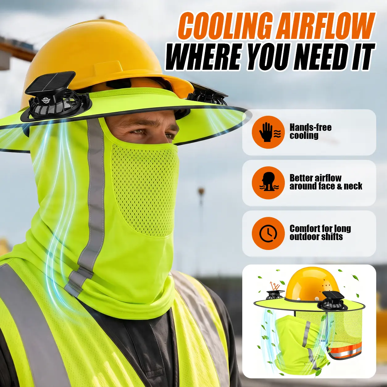 Practical Thoughtful Summer Outdoor Protection Hat Dual Driver Fan Hard Hat With Solar And Battery Power UV Proof Neck Gaiter Perfect Gift For Hardworking Dads Construction Worker Work Accessory   Construction Gear Safety Gear